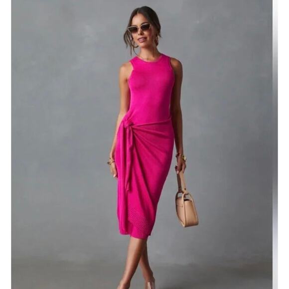VICI - Orla Pink Fuchsia Knit Tie Wrap Sleeveless Midi Dress - Picture 1 of 11